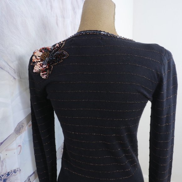 Marc By Marc Jacobs Black Bronze Stripe Sequin Floral Fitted Size XS Sweater - Picture 6 of 10